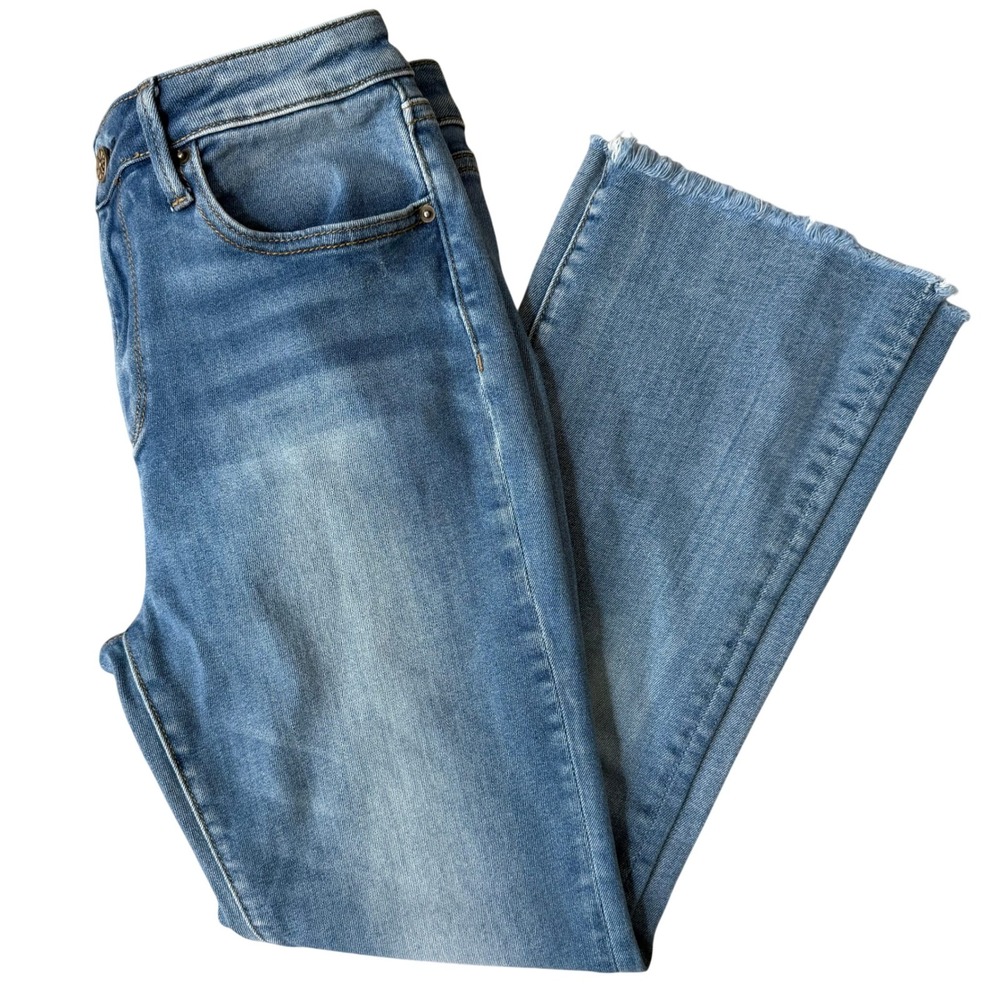 Driftwood Womens 28 High Rise Kick Flare Raw Hem Jeans Medium Wash Blue Stretch